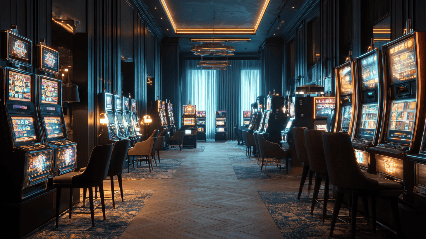 Stylowe wnętrze kasyna z gośćmi przy stołach do gier i światłami